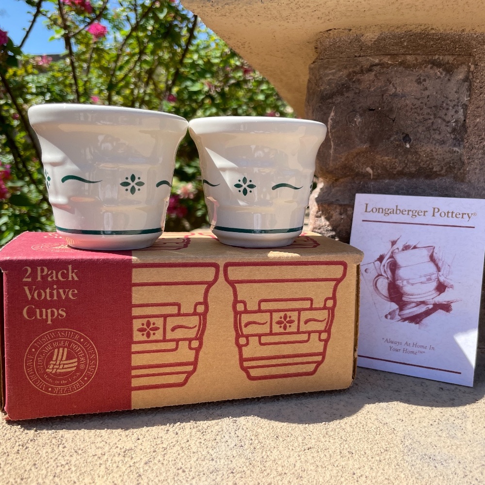 Longaberger Pottery 2 Pack Votive Cups Green Trim